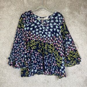 Nanette Lepore Blouse Womens 3 Plus Blue Floral Flared Sleeve Lined Button- 1366